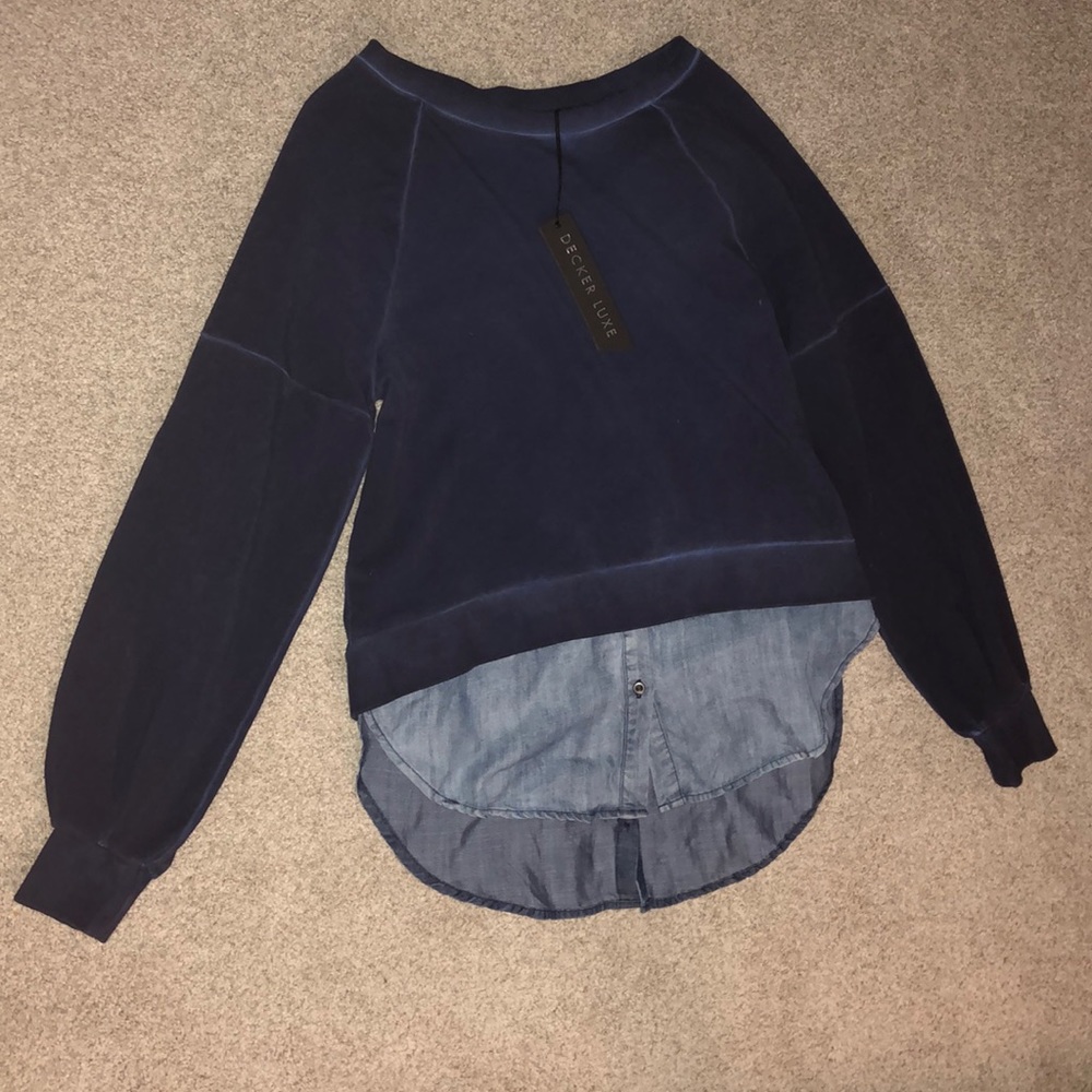pullover sweatshirt with denim looking button up.